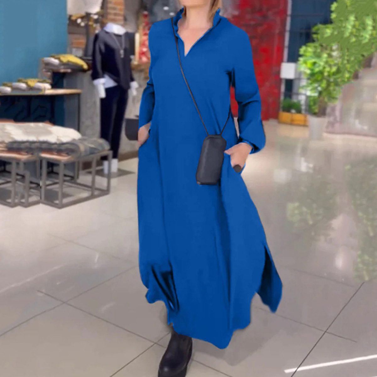 Women's Casual Solid V-Neck Long Sleeve Maxi Dress with Full Skirt