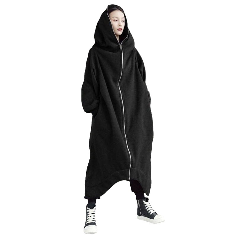 Women's Zip-Up Hooded Fleece-Lined Long Streetwear Sweatshirt