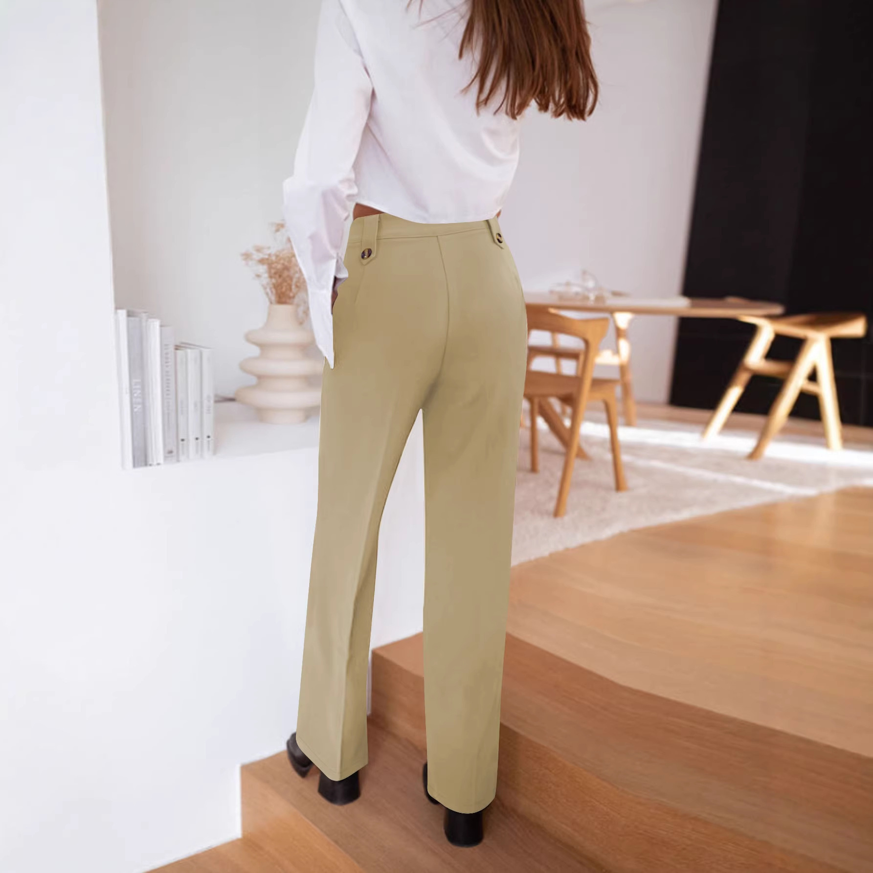 High-Waist Straight-Leg Cropped Suit Pants for Women Solid Color