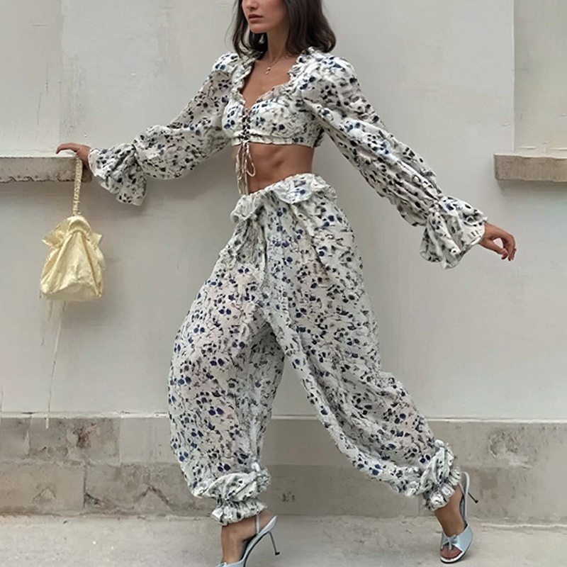 Women's Printed Sleeveless Shirt and Wide-Leg Pants Set