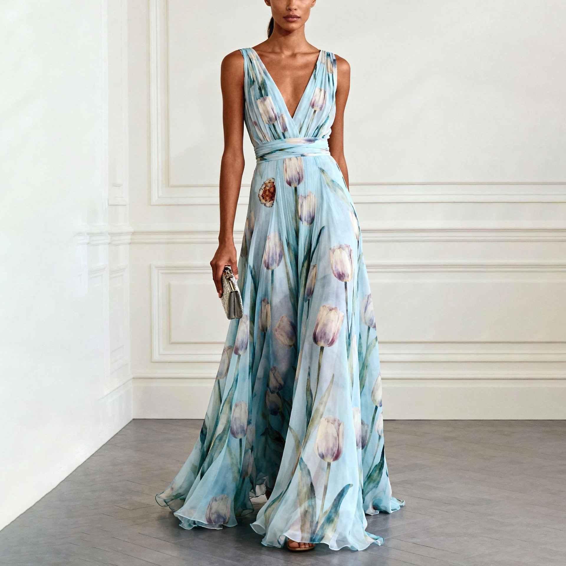 Women's Floral Print V-Neck Evening Dress Sleeveless High Waist A-Line Long Gown