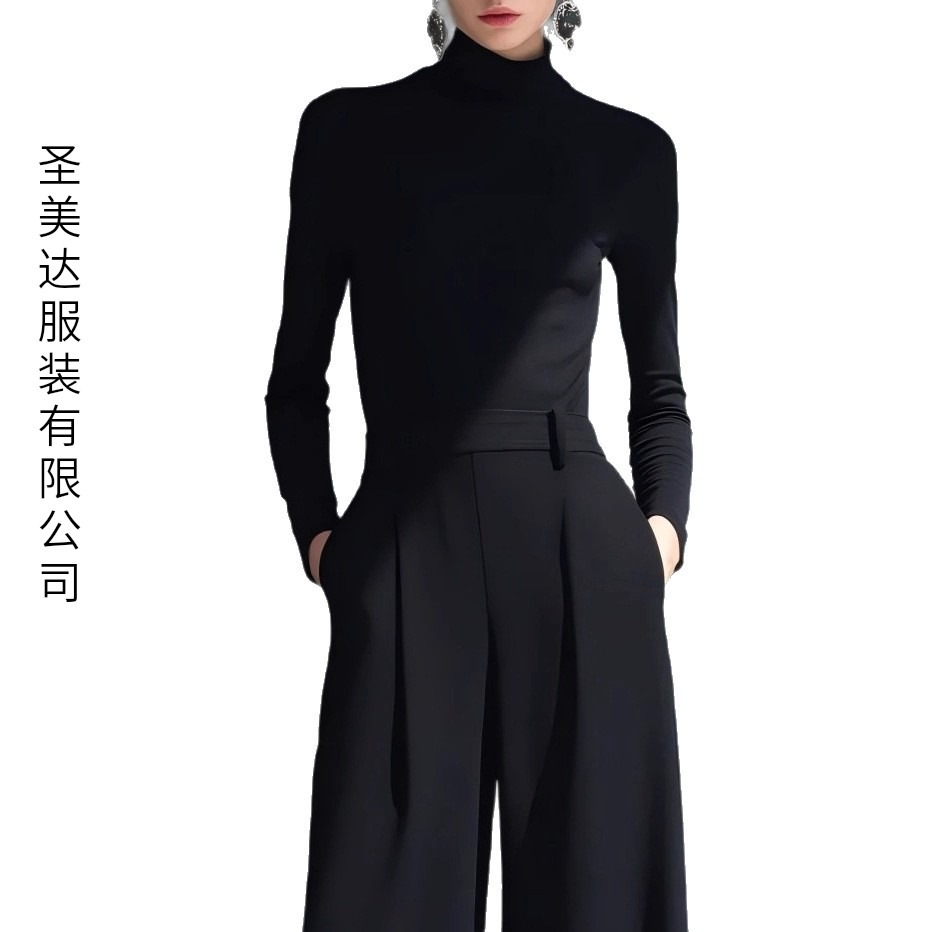 Classic Black Long Sleeve High Neck Wide Leg Casual Pant Set