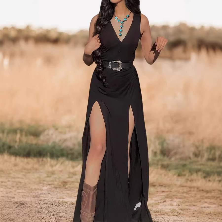 Women's V-Neck Sleeveless High-Slit High-Waist Black Maxi Dress