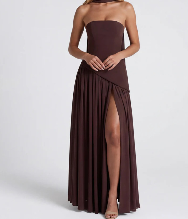 Women's Strapless Solid High Slit Backless Long Dress