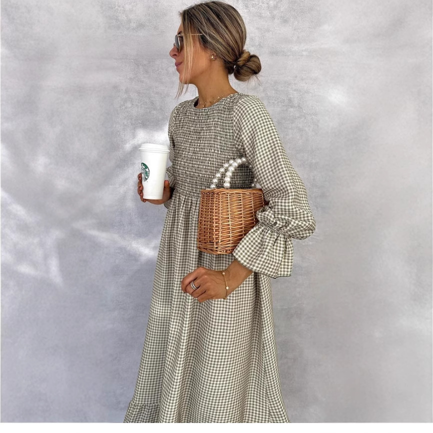 Puff Sleeve Plaid Long Dress