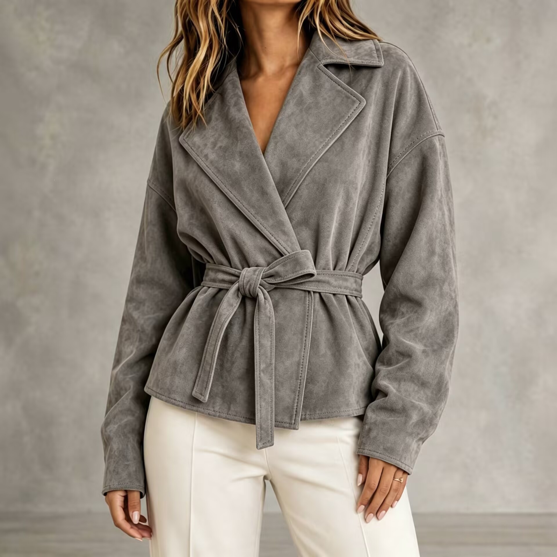 Faux Suede Belted Short Jacket with Lapel Collar