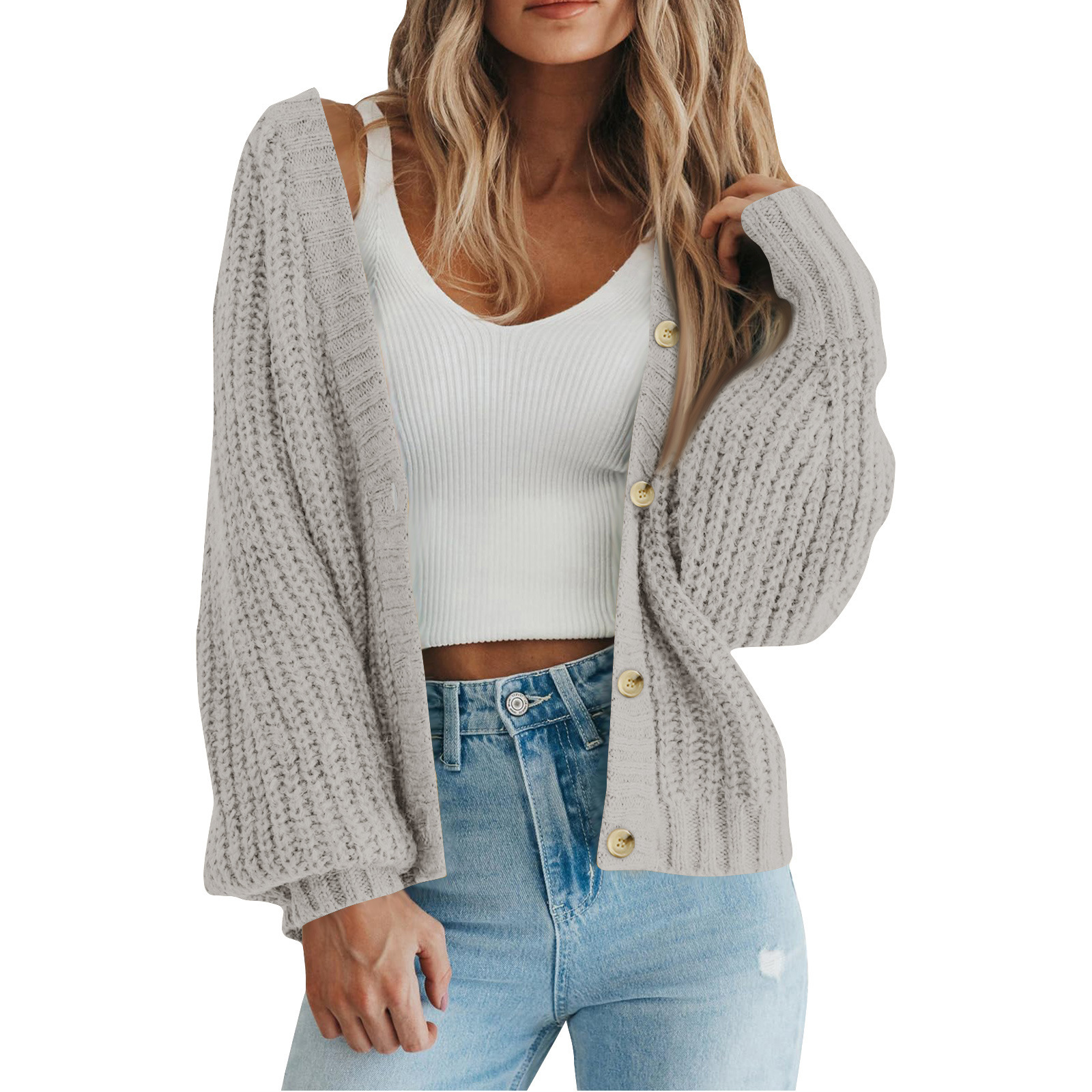 Women's Loose Knit Cardigan Sweater with Lantern Sleeves