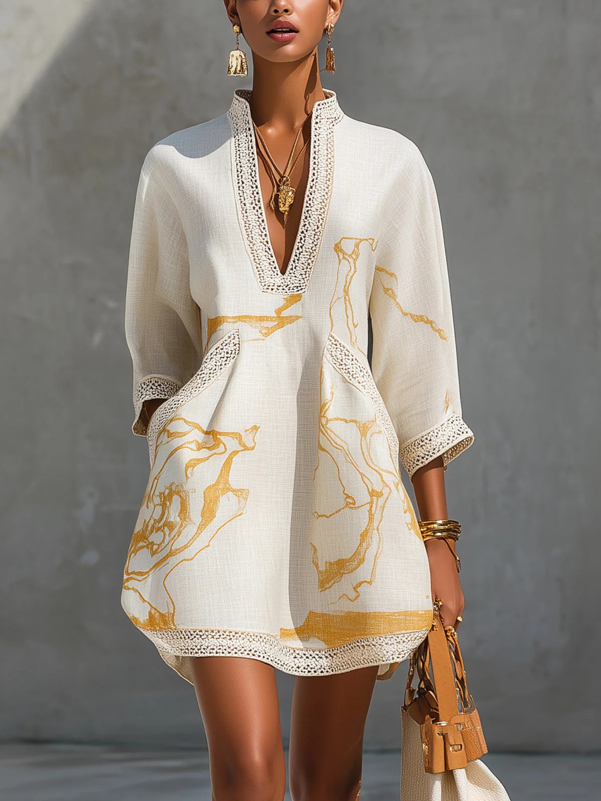 Navy Abstract Print V-Neck Lace-Trimmed Loose Short Dress