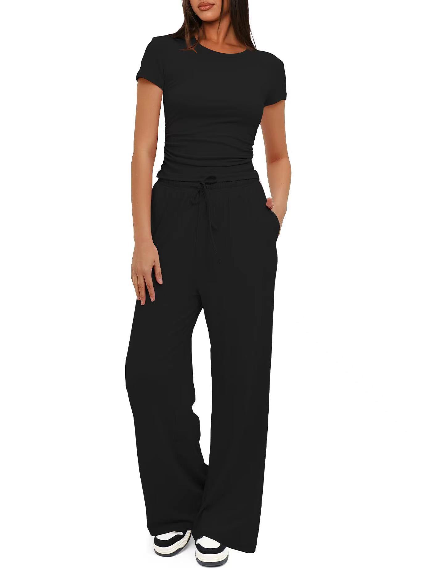 Solid Ruched Short Sleeve Top and High Waist Wide Leg Pants Set