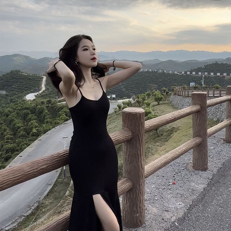 Black French-Style Slip Dress with Asymmetric Slit and Mermaid Hem