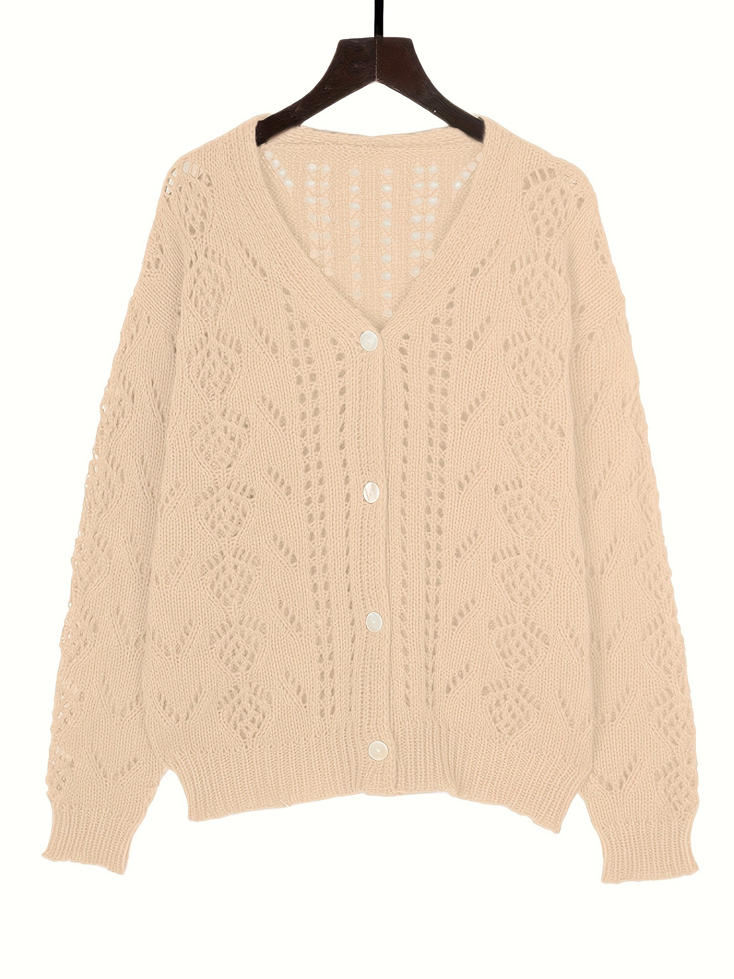 Retro Open-Knit Button-Front Cardigan V-Neck Solid Color Women's Top