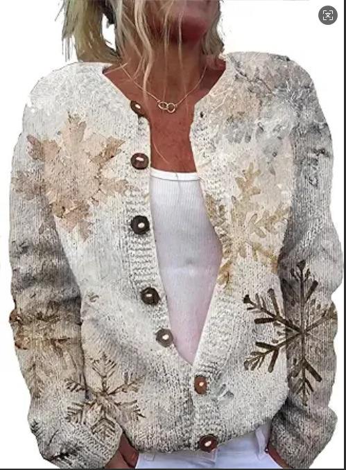 Women's Floral Leopard Snowflake Leaf Print Button Cardigan Sweater