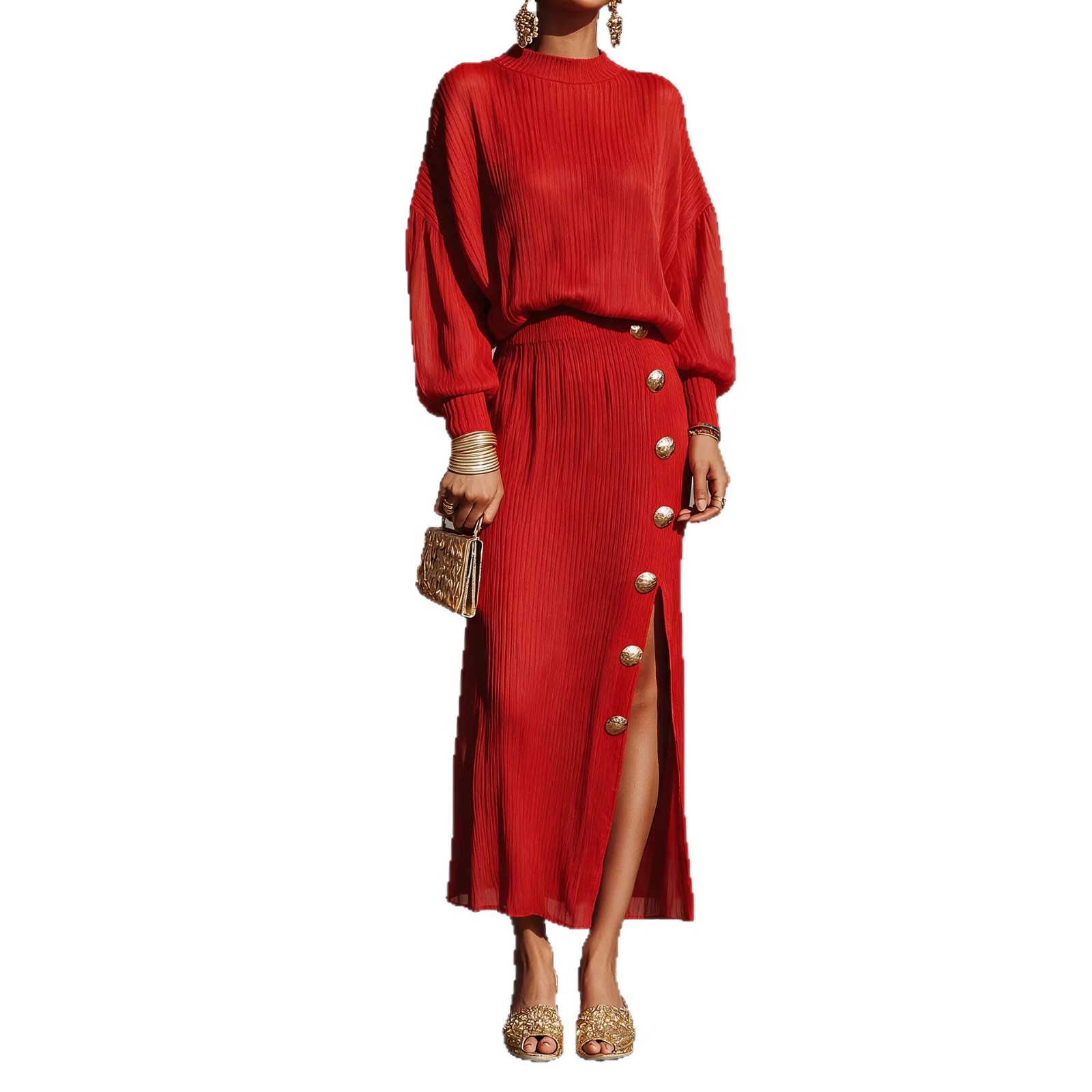 Women's Solid Pleated Knit Long-Sleeve Top and Button Slit Skirt Two-Piece Set