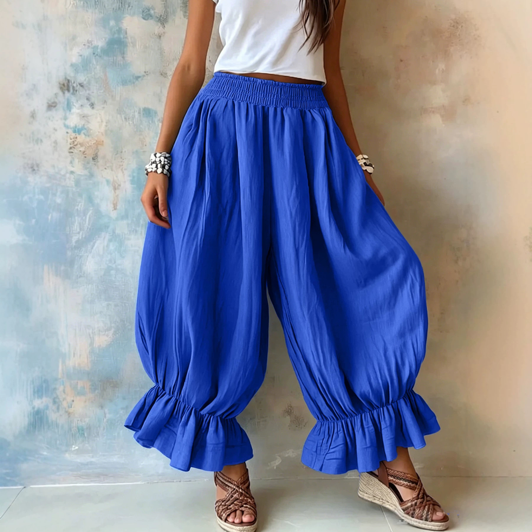Women's Loose Casual Cotton-Linen Ruffle Lantern Pants