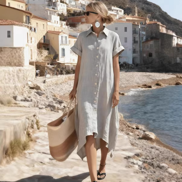 Women's Short Sleeve Long Shirt Dress Loose Relaxed Collared