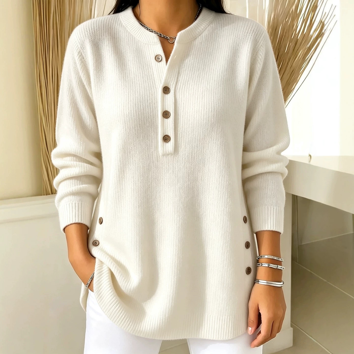Women's V-Neck Button Knit Sweater Solid Color Loose Fit Top