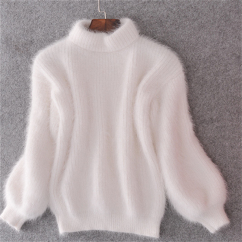 Faux Mink Half-Turtleneck Lantern-Sleeve Knit Sweater