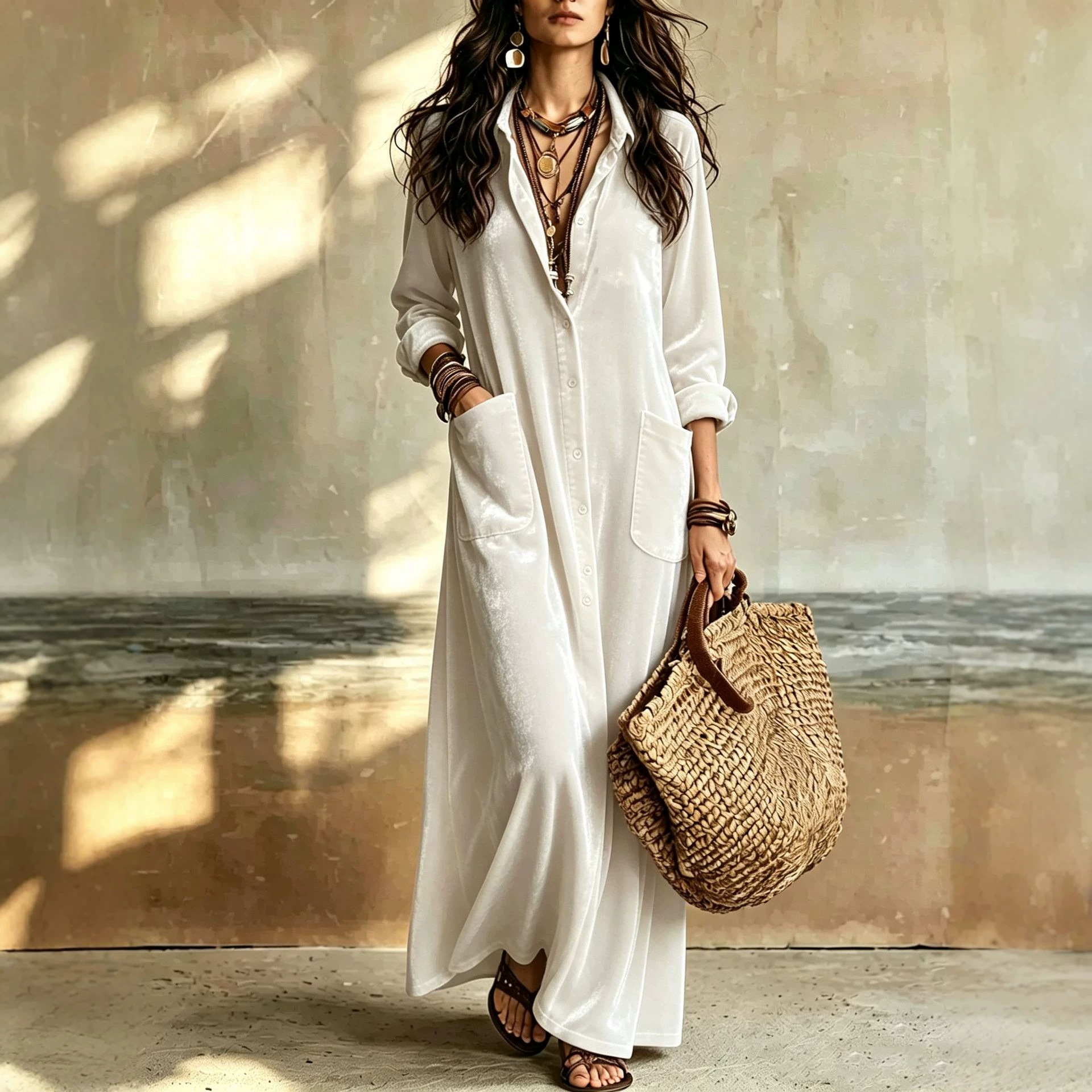 Boho Velvet Long Shirt Dress Solid Color Loose Fit