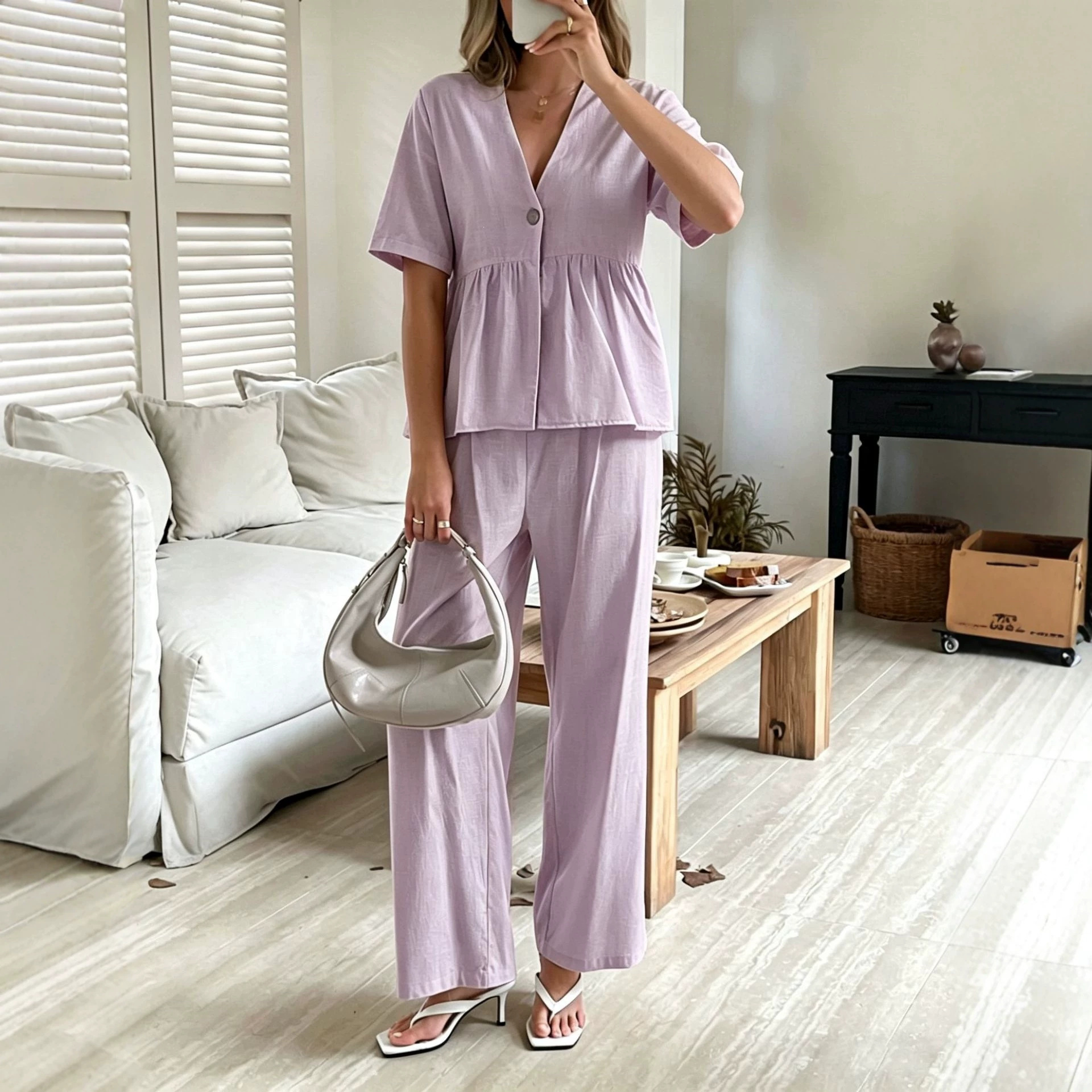 Elegant V-Neck Loose Short-Sleeve Top and Wide-Leg Pants Two-Piece Set