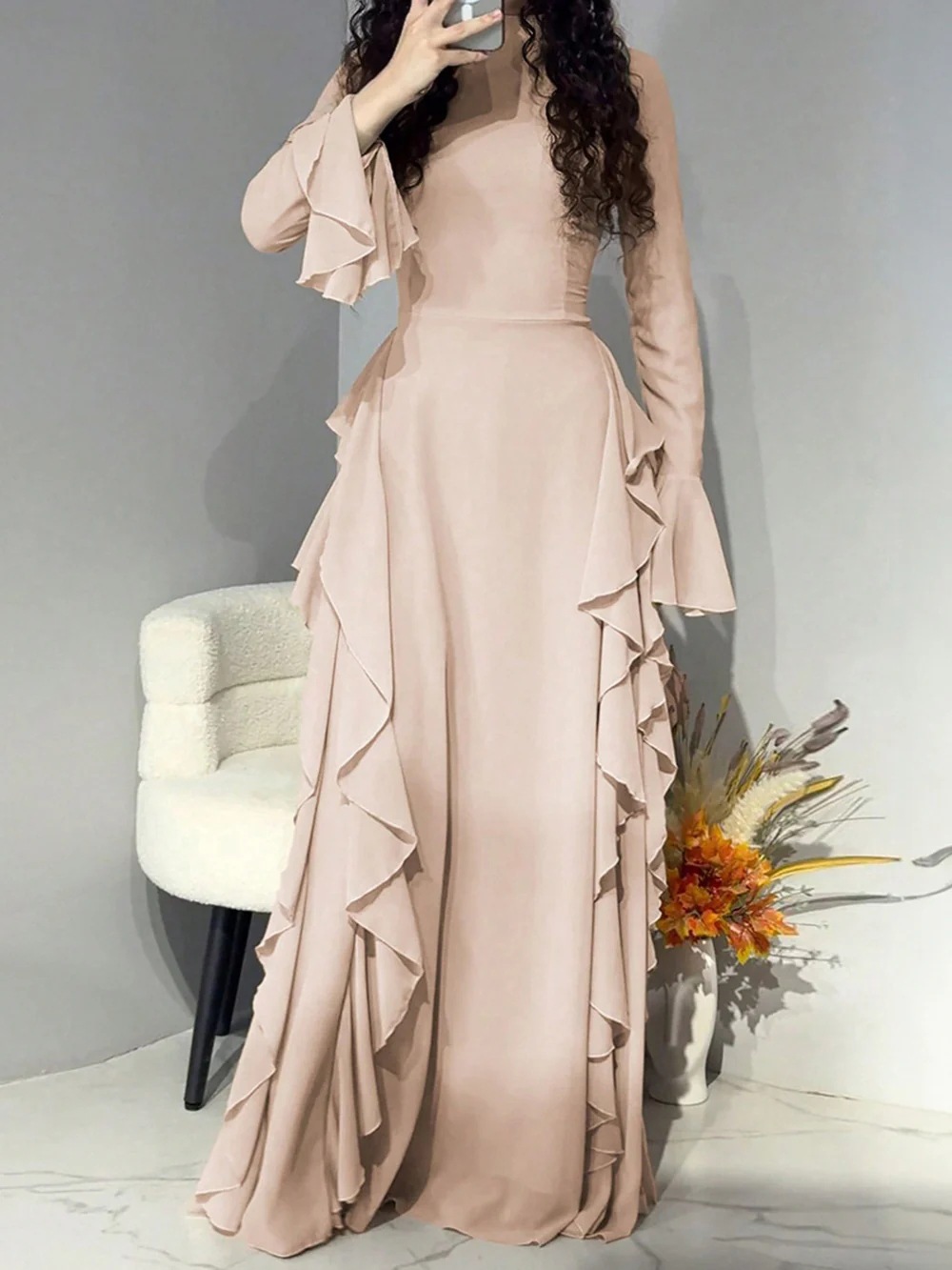 Elegant High-Waist Solid Bell-Sleeve Long Dress