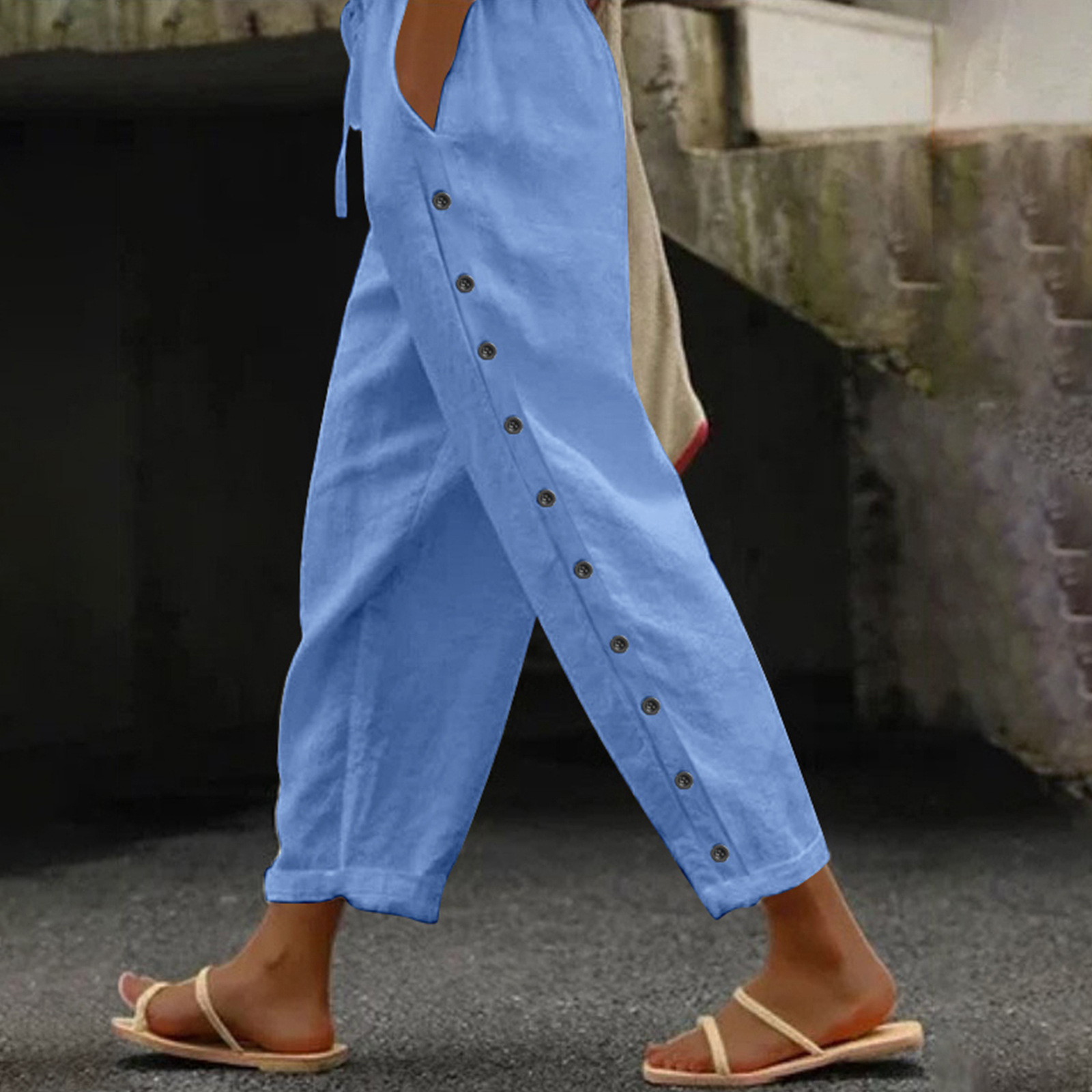 Women's Casual Patchwork Button Cropped Pants Straight Leg Drawstring Waist