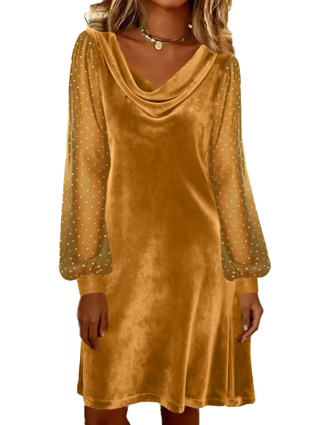 Women's Solid V-Neck Mesh A-Line Midi Dress with Sequin Detail