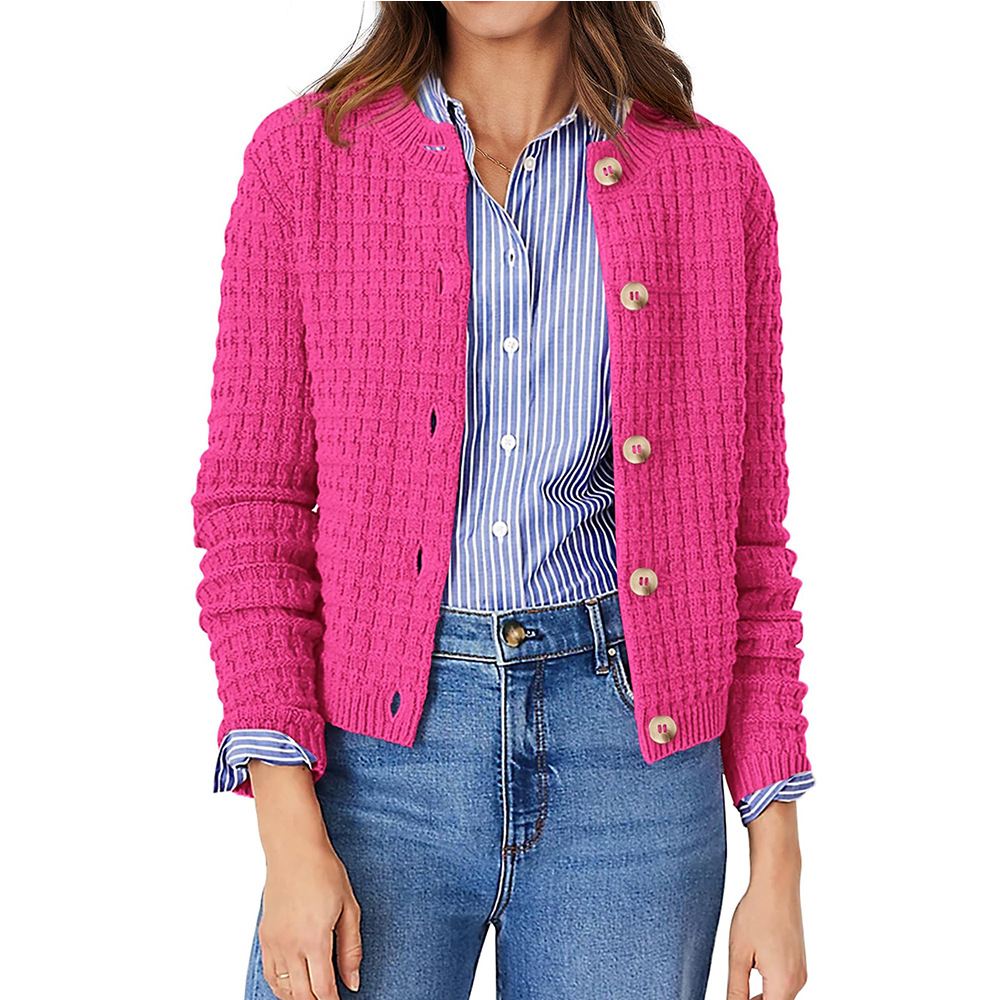 Women's Solid Color Crewneck Knit Cardigan Sweater