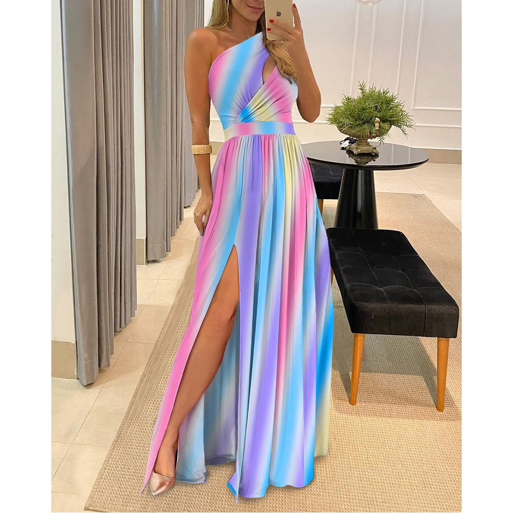 One-Shoulder Sleeveless High-Waist Slit Maxi Dress