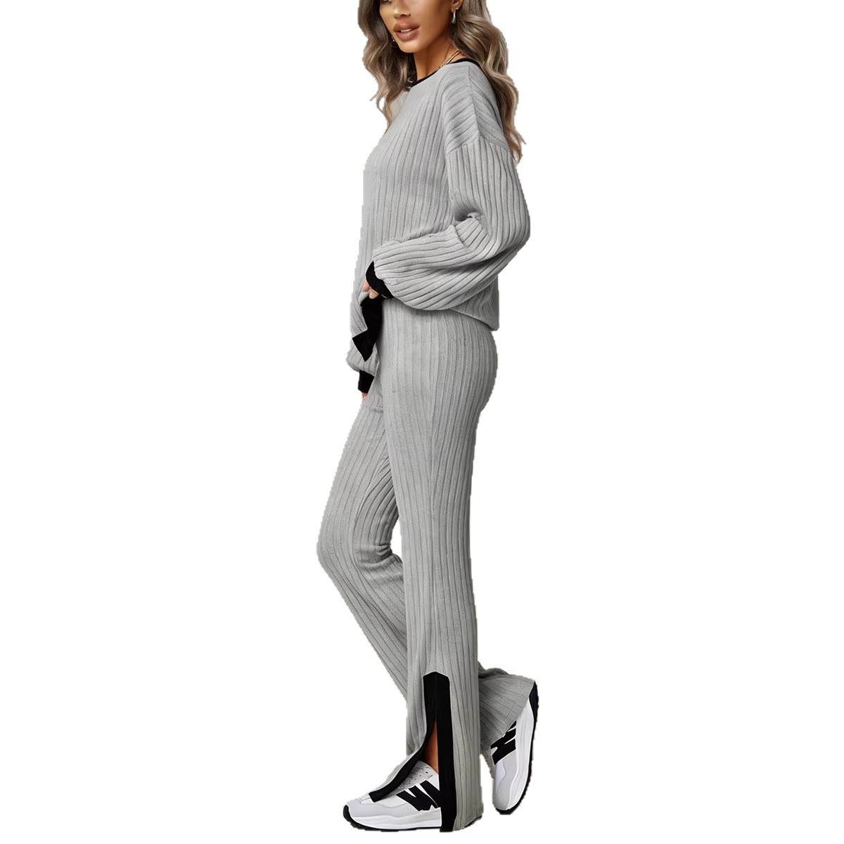 Women's Casual Crewneck Long-Sleeve Sweatshirt and Wide-Leg Pants Two-Piece Set