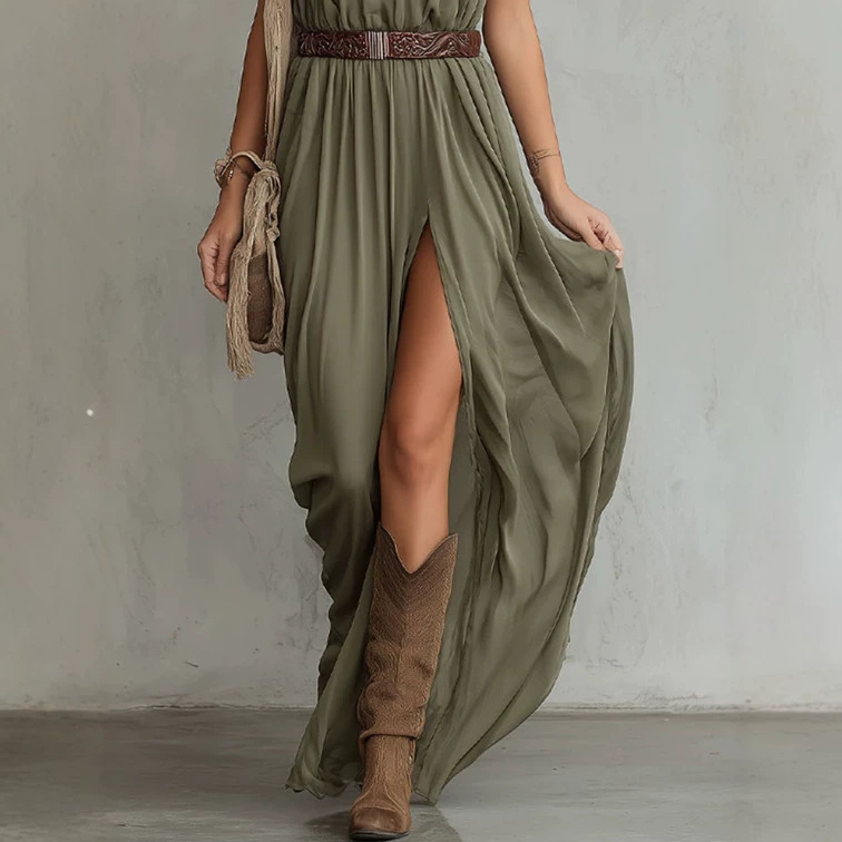 Retro V-Neck Sleeveless Chiffon Maxi Dress with Slit