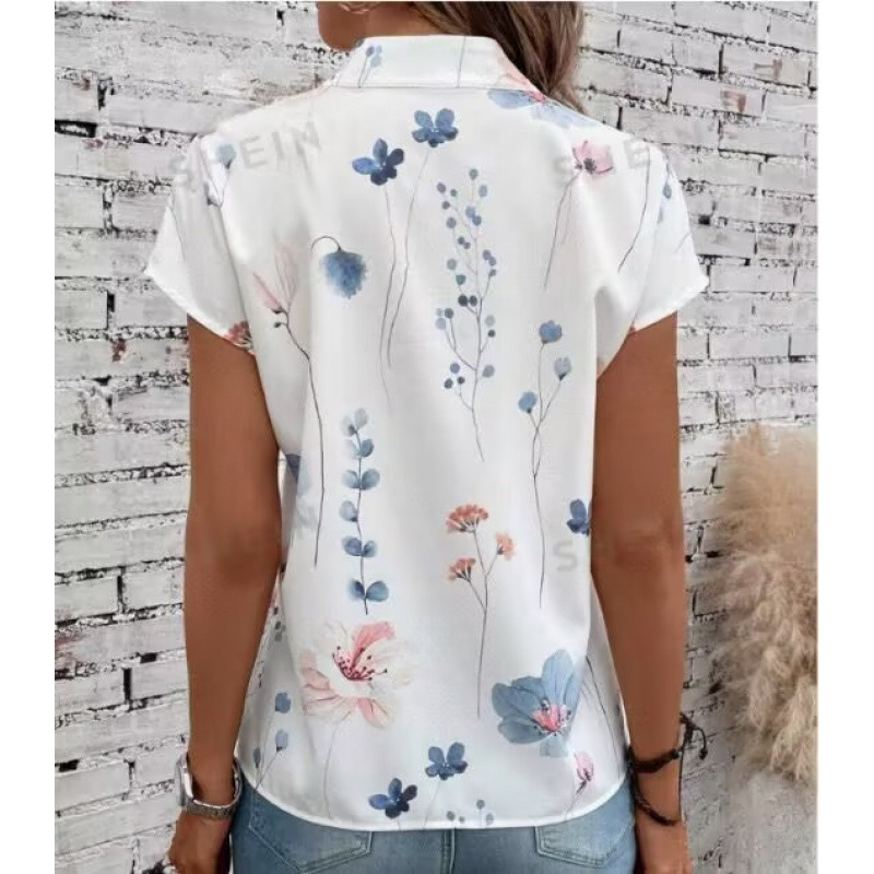 Summer Three-Button Stand-Collar Floral Shirt for Women