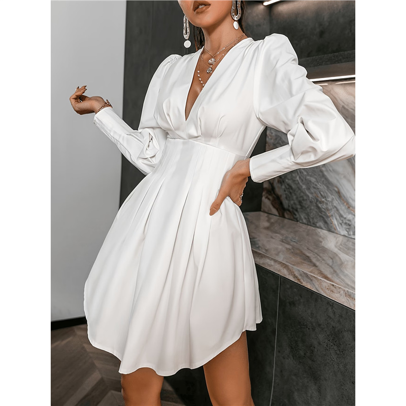 Elegant Ruched Waist Puff Sleeve V-Neck Shirt Dress