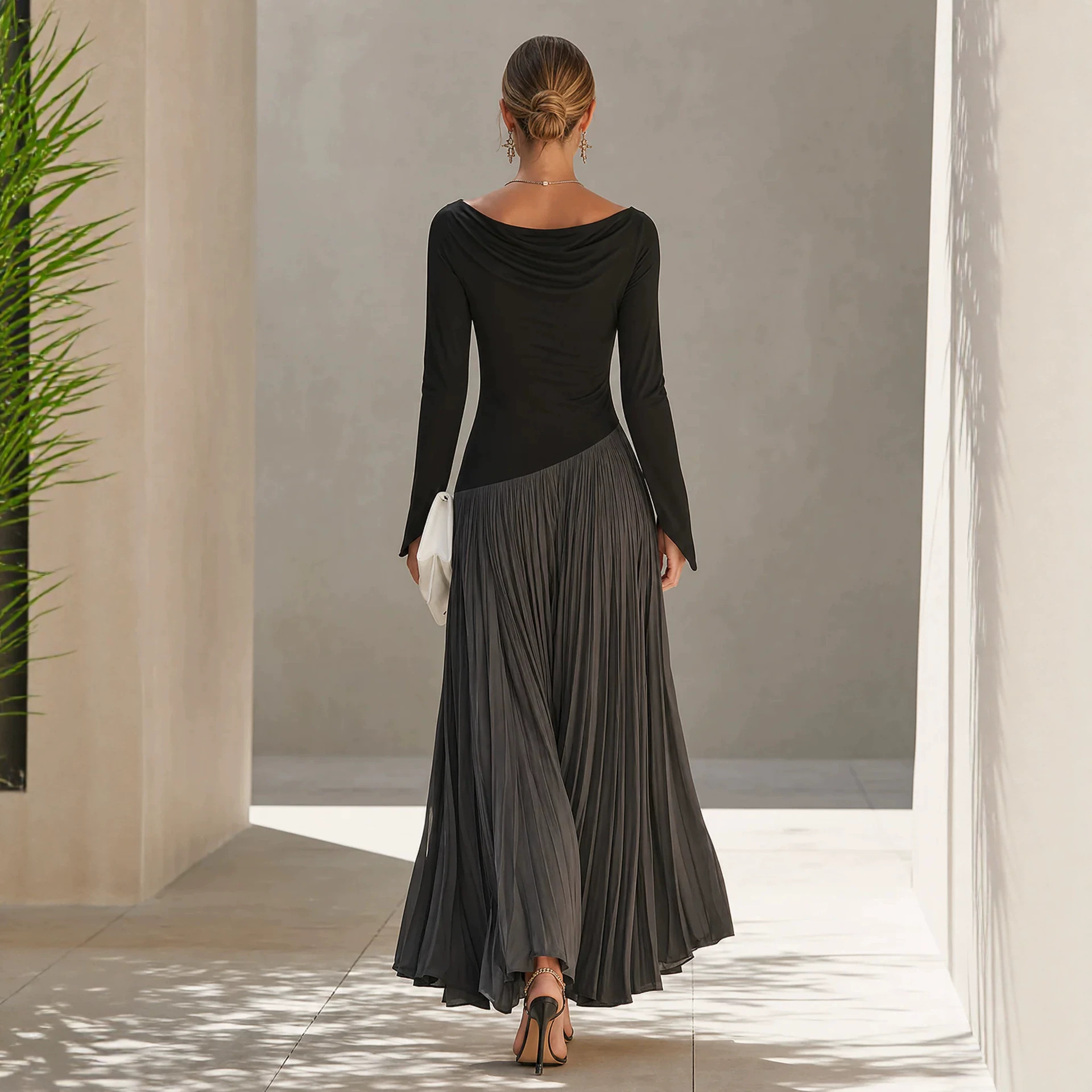 Minimalist Color-Block Draped-Neck Long Dress