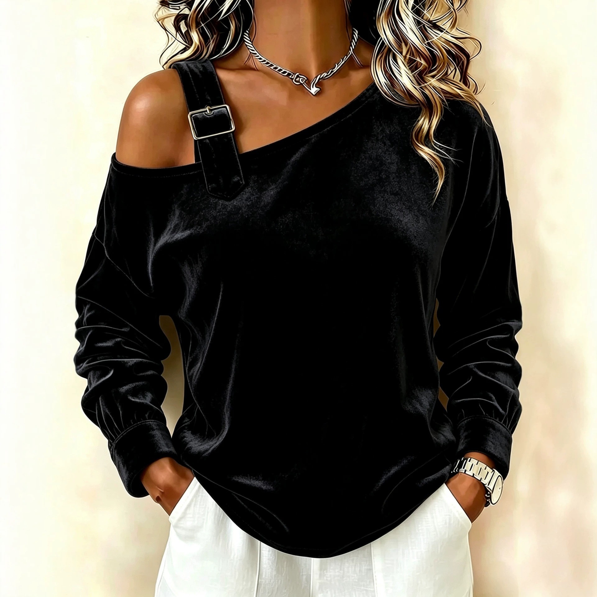 Women's One-Shoulder Gold Velvet Long-Sleeve Top Casual Sweatshirt
