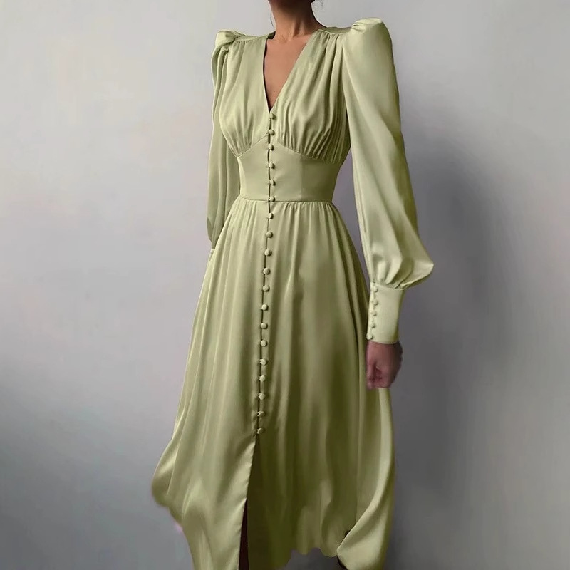 Satin Lantern-Sleeve High-Waist Slimming Long Dress
