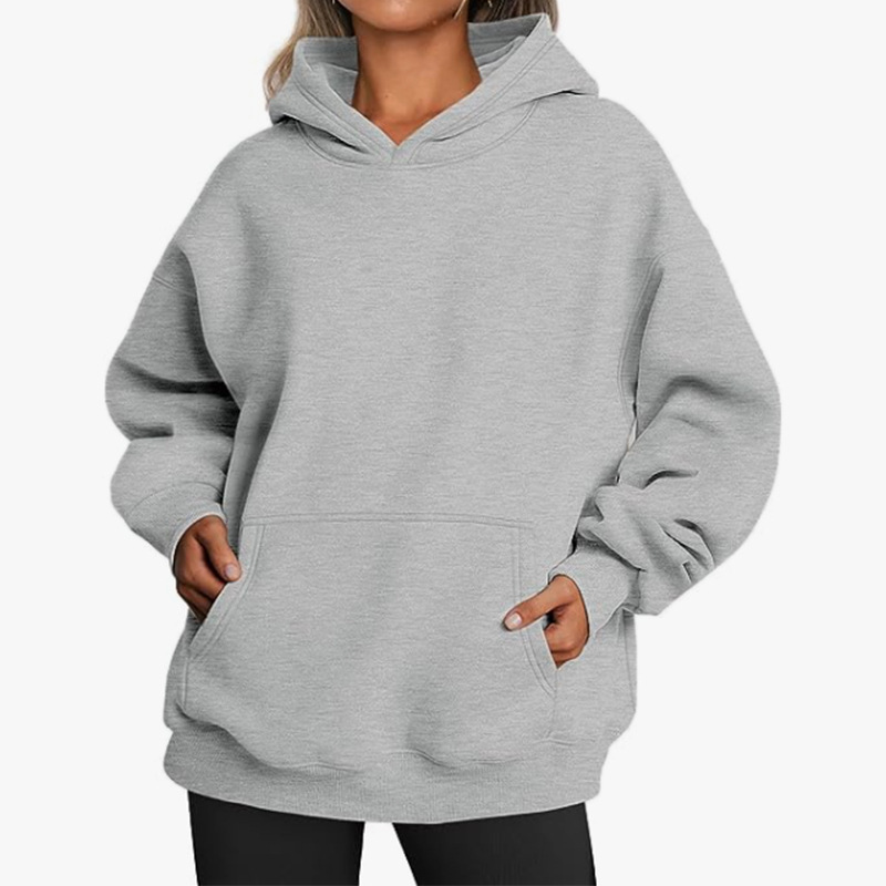 Women's Fleece-Lined Hooded Sweatshirt, Cotton Blend, Loose Fit, Solid Color