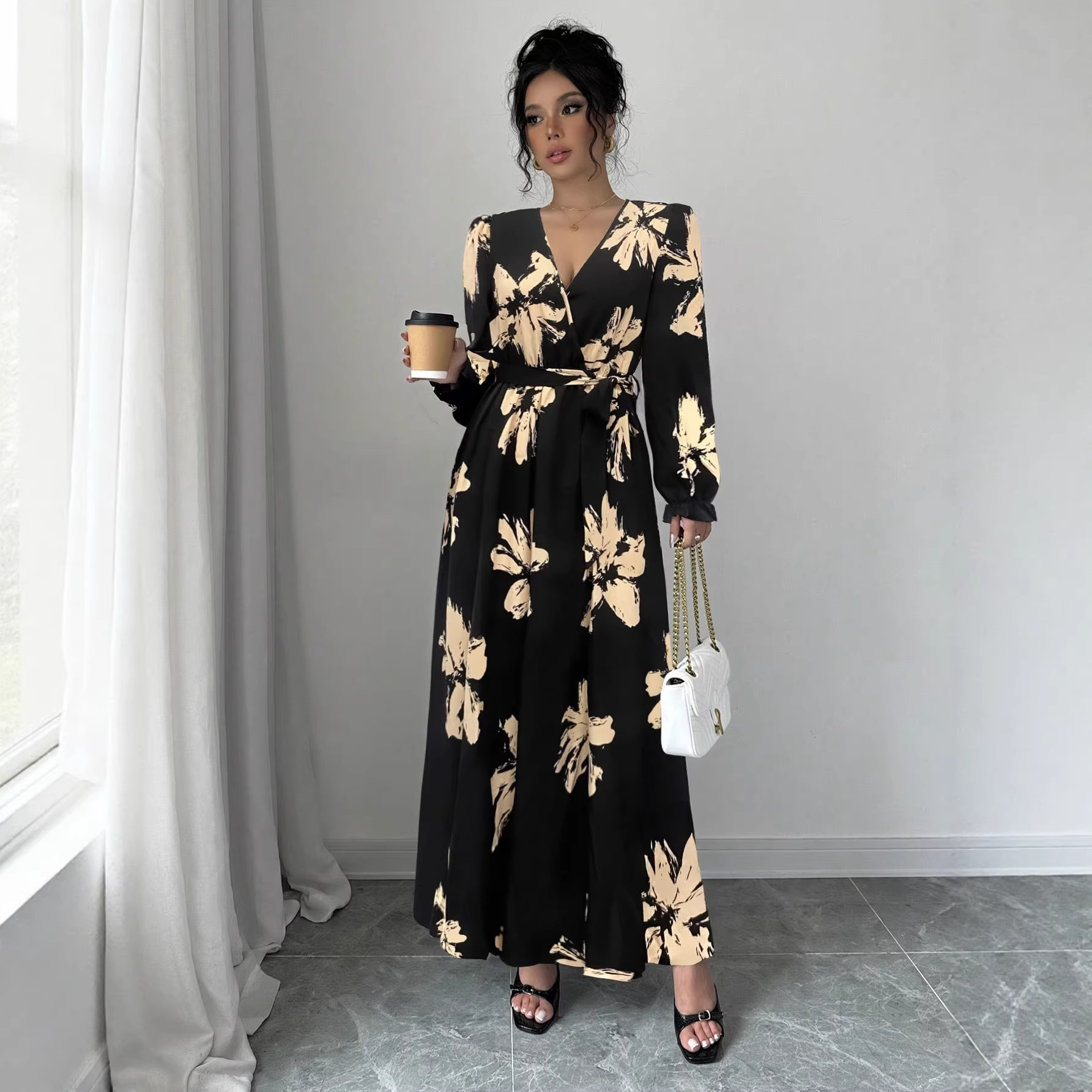 Women's Floral Print V-Neck Waist-Cinched Midi Dress