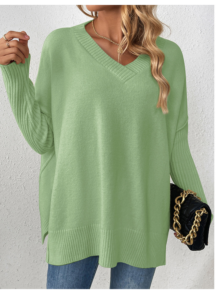 Women's V-Neck Pullover Sweater Lazy Style Patchwork Long Sleeve Knit Top