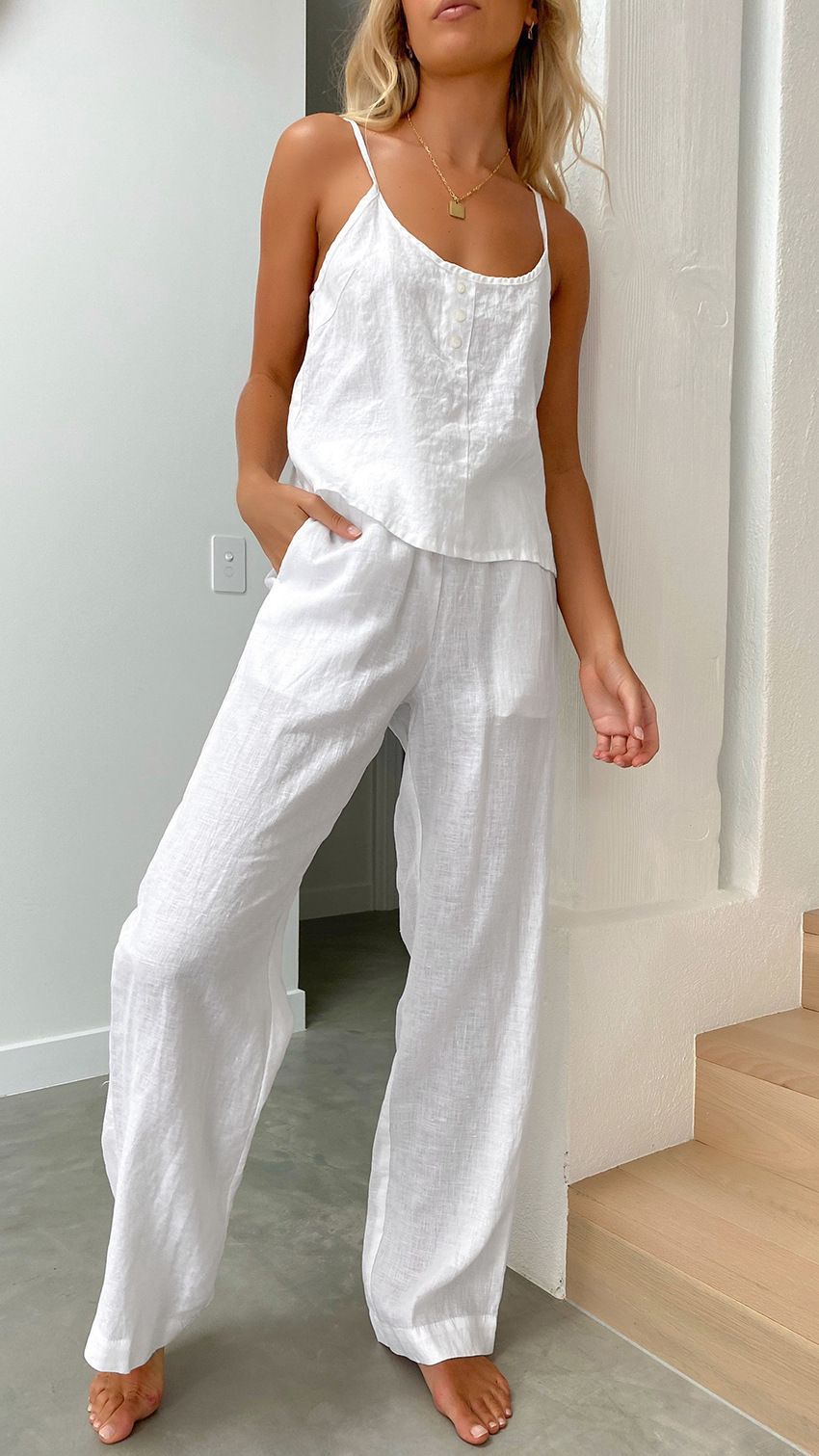Cotton Linen Sleeveless Cami & Long Pants Two-Piece Set