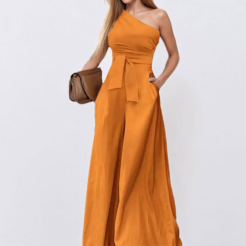 Women's Solid V-Neck Slim Waist Wide-Leg Jumpsuit