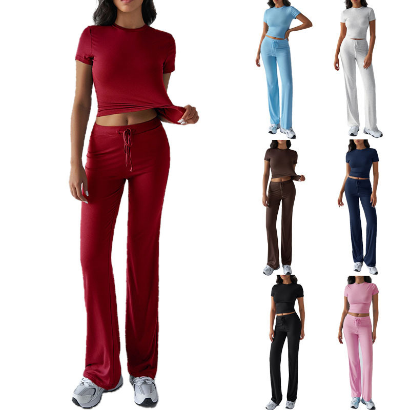 Women's Solid Color Crewneck Short Sleeve Top and Long Pants Casual Set