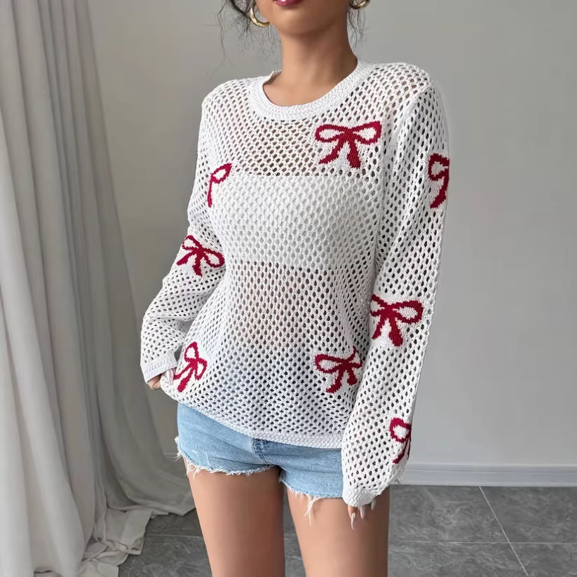 Women's Sheer Open-Knit Bow Jacquard Cover-Up Sun Protection Top