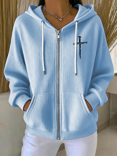 Women's Cross Print Ribbed Hoodie Long Sleeve Crew Neck Zip Up