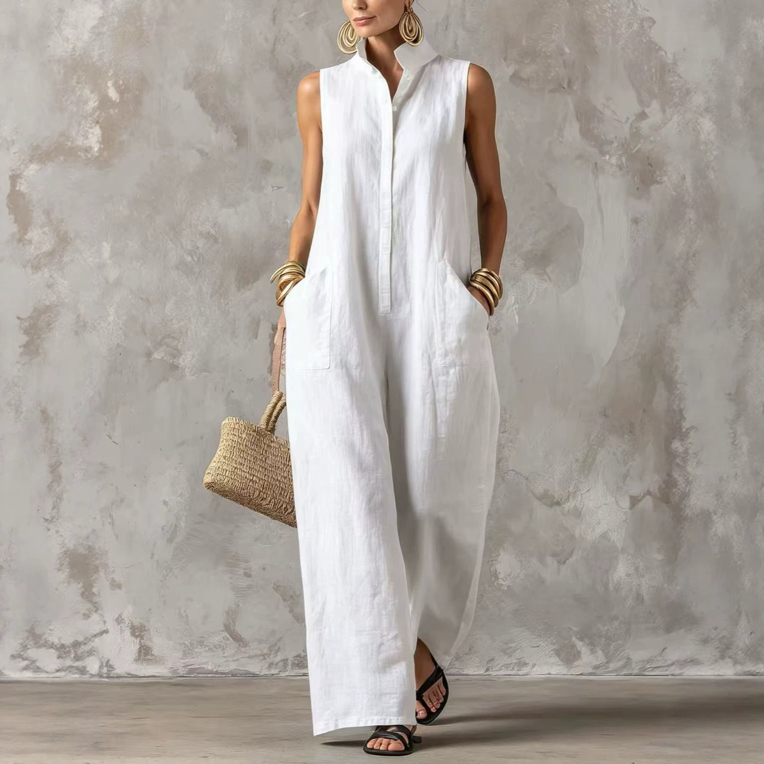Women's Linen-Blend Sleeveless Button-Front Jumpsuit with Stand Collar