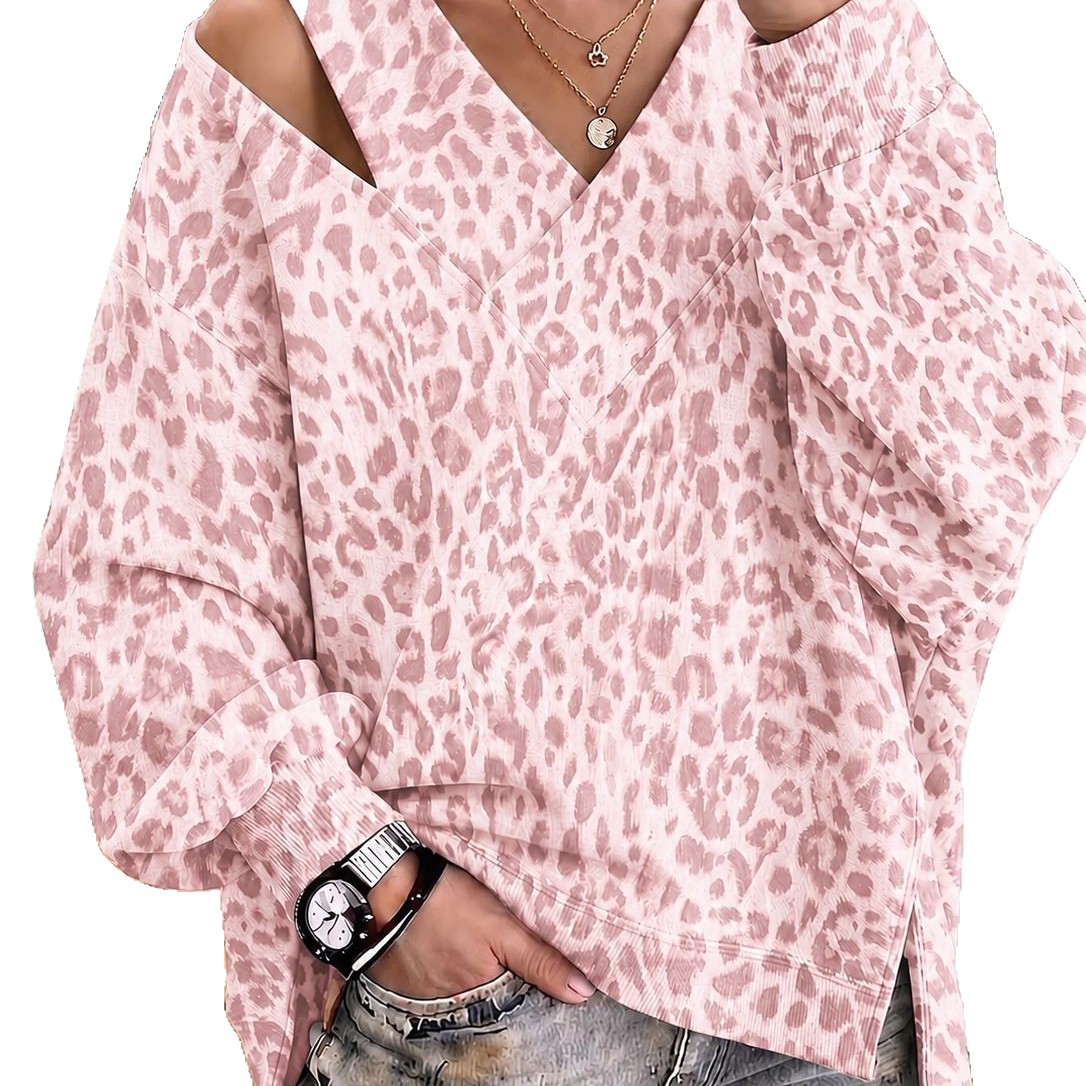 Women's V-Neck Leopard Print Long-Sleeve Sweatshirt