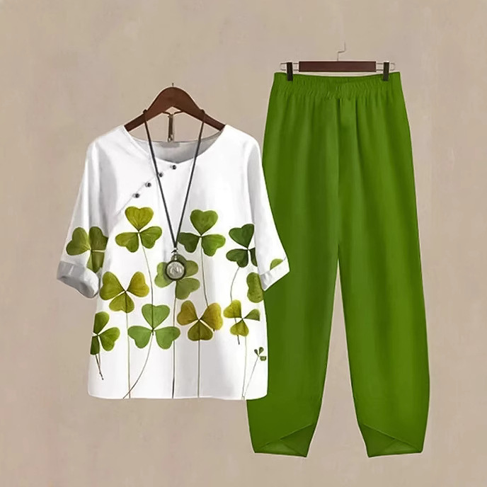 Women's Printed Round Neck Short Sleeve Top & Loose Pants Casual Set
