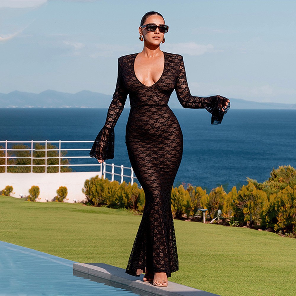 Sexy Lace Panel Long Sleeve V-Neck Bodycon Mermaid Dress