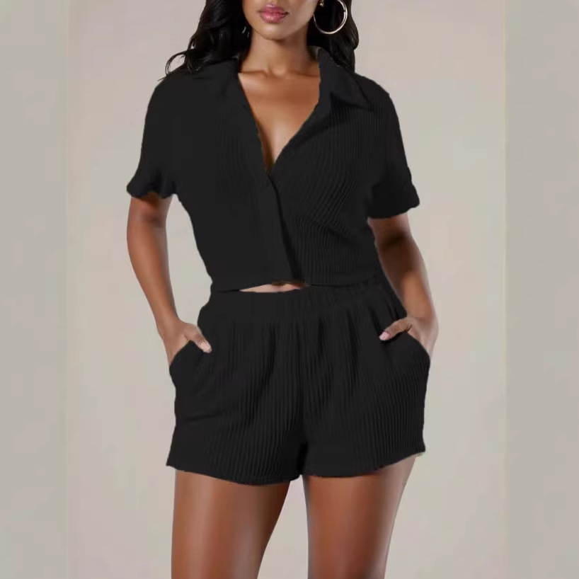 Women's Solid Color Collared Ruched Shirt and Shorts Two-Piece Set