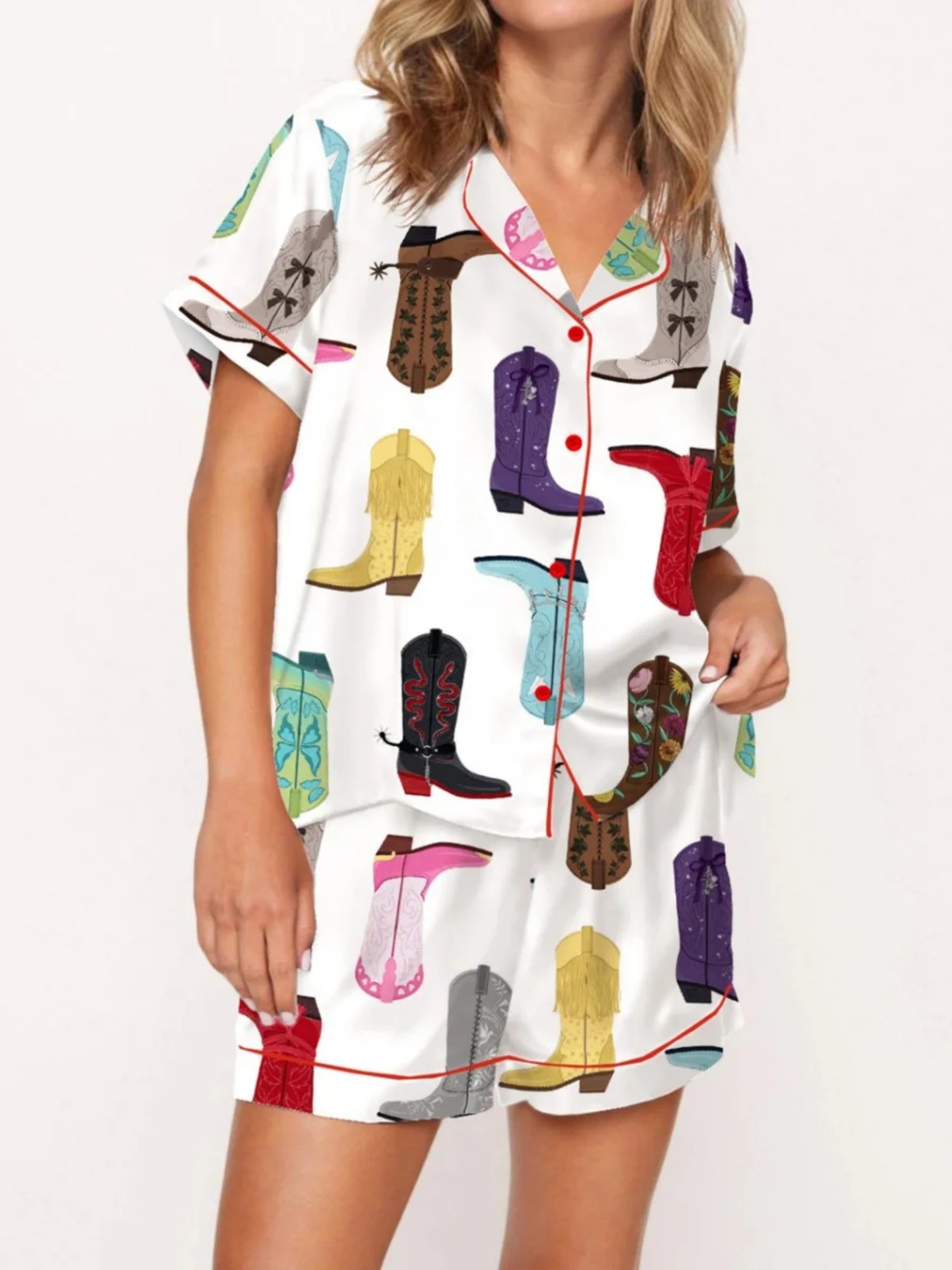 Women's Cuban Collar Short Sleeve Shirt Set with Novelty Print