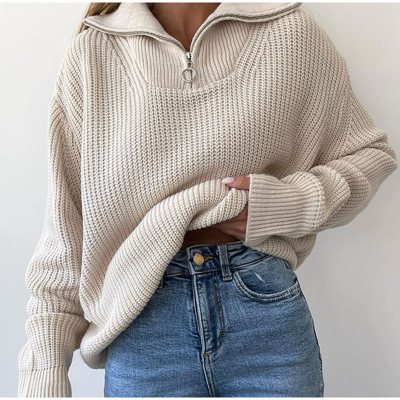 Women's Zip-Up Knit Pullover Sweater Loose Casual Long Sleeve